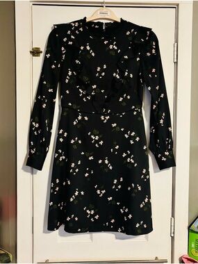 Ann Taylor Black Floral Ruffle Long-Sleeve Dress with Pink Blossoms